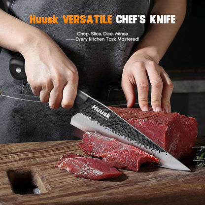 Huusk Chef Knife Japanese Kitchen - Hand Forged Viking Knife for Meat Cutting - Ideal Kitchen Knife Made From a Single Piece of High Carbon Steel Christmas Gift for Men and Women