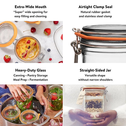 Le Parfait Super Terrine 1L (32oz) Zero Waste Eco-Friendly Glass Canning Jars, Airtight Rubber Seal & Wire Bail Lid, BPA-Free, Water Bath Safe for Food Storage & Preserving, Made in France, 4PK