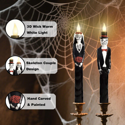 Black Flameless Taper Candles with Remote Battery Operated CandleSticks Flickering Light Set of 2 Real Wax Handmade Skeleton Couple LED Window Candles for Halloween Horror Party Gothic Wedding Decor