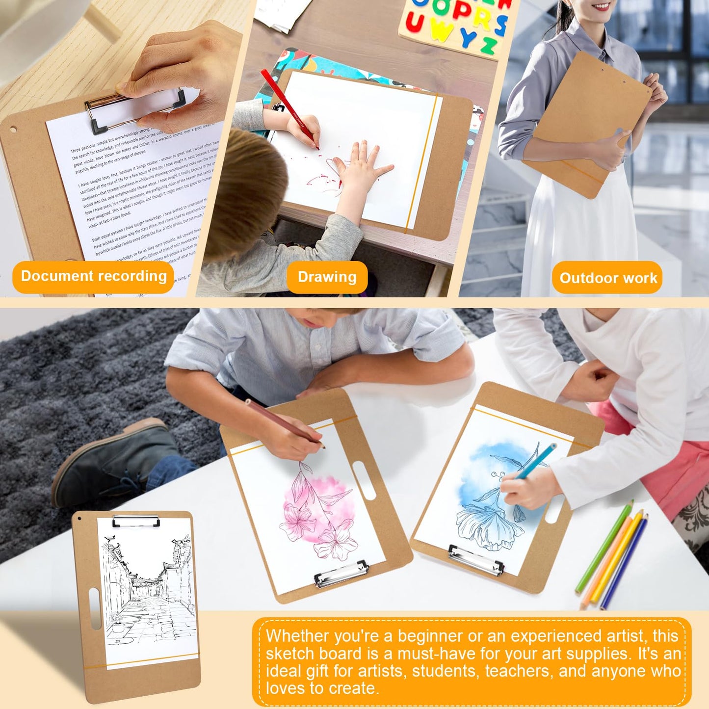 TKOnline 11.8x17.7 Sketch Drawing Board, Art Board with Sturdy Clip and Rubber Bands, Portable Artist Clipboard Easel for Classroom, Drafting and Studio Drawing