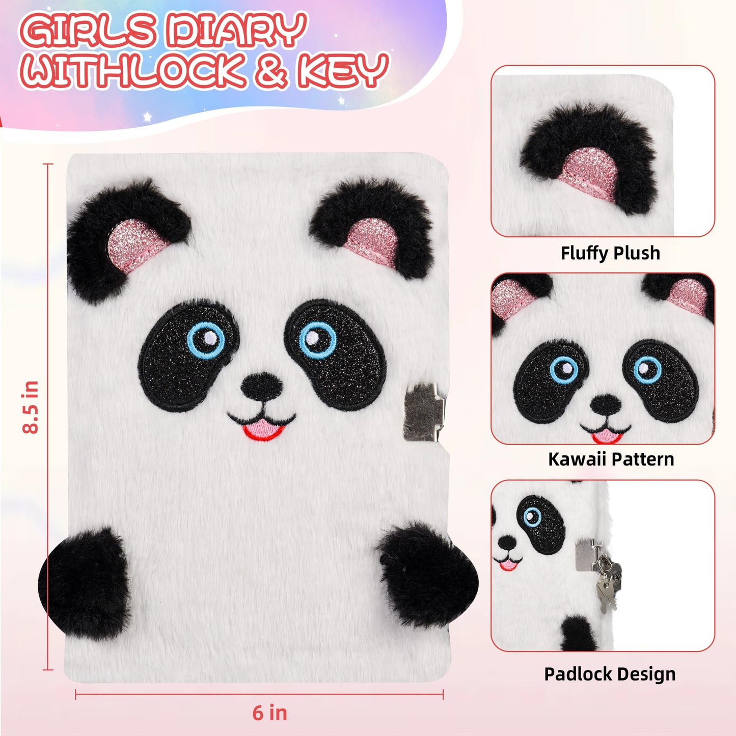 LiYiQ Plush Panda Diary Gift Travel Journal Secret Diary with Scrapbook Paper Stickers Journal Stencils Pompom Pen and Washi Tape Practical Set Gift for Birthday Christmas