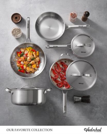 VEDNHOL Stainless Steel Frying Pan 12 Inch with Lid, Fully Clad Tri-Ply Stainless Steel Skillet for Even Heating, Brushed Finish, Dishwasher & Oven Safe, Induction & All Stovetops Compatible