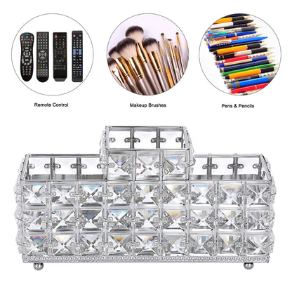 Hipiwe Crystal Remote Control Holder Bling Makeup Brush Holder Organizer Desktop Cosmetics Brushes Storage Cup Pen Pencil Storage Pot Cup for Dresser Bathroom Office, 3 Slot