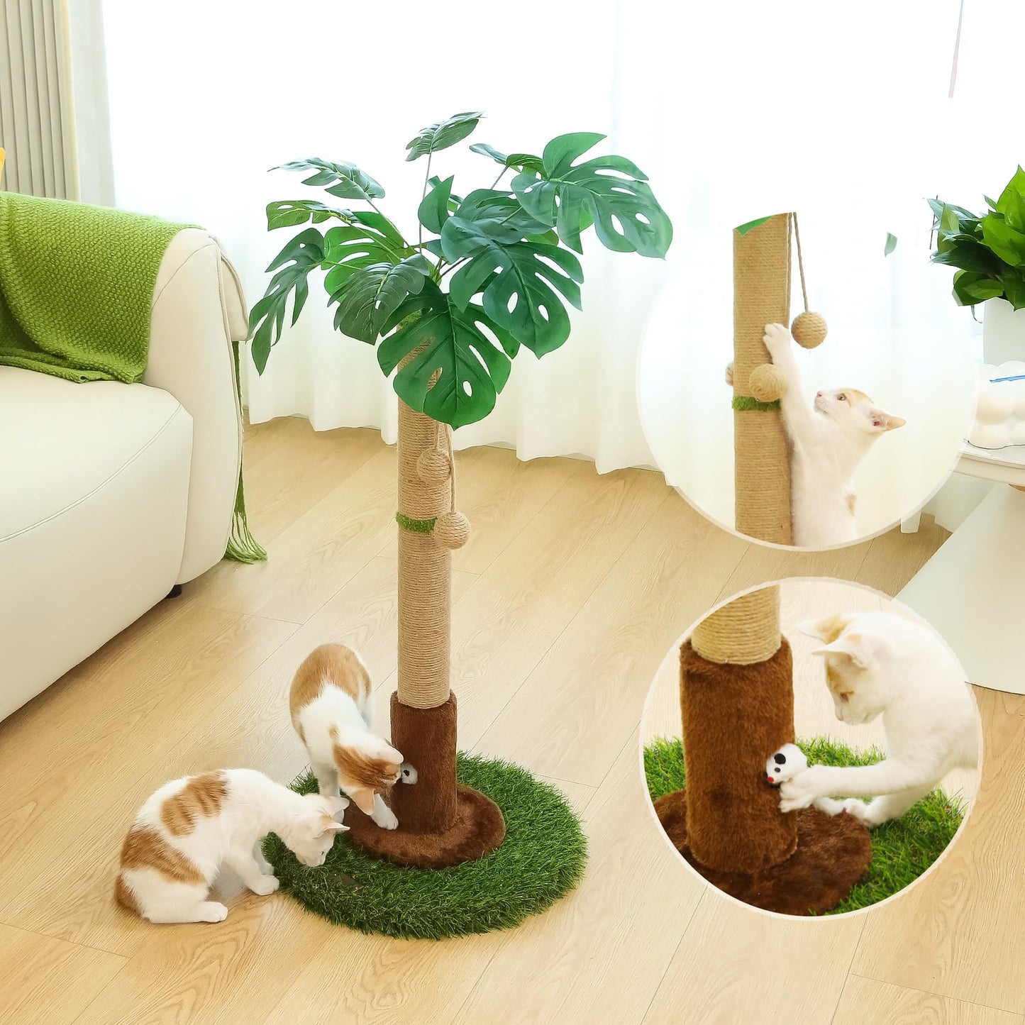 Woochpet Cat Scratching Post for Indoor Cats and Kitten - 35.43" Tall Cat Scratching Post with Sisal Rope,Palm Tree Cat Scratch Post with Hanging Ball