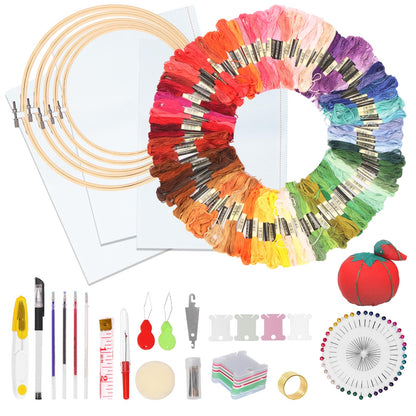 Glarks 210Pcs Embroidery Cross Stitching Punch Needle Kit, 100 Colors Threads Full Range of Embroidery Starter Kit Including Magic Embroidery Pen, Needles, Cross Stitch Tools Set for Beginners Adults