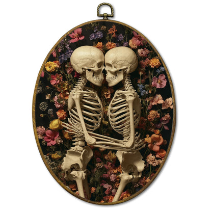Mcehtle Halloween Gothic Couple Skeleton Wall Art Decor, Dark Academia Framed Canvas Prints 8.6x11.4, Spooky Skeleton Floral Oval Wall Hanging Artwork Decorations for Home Bedroom Living Room
