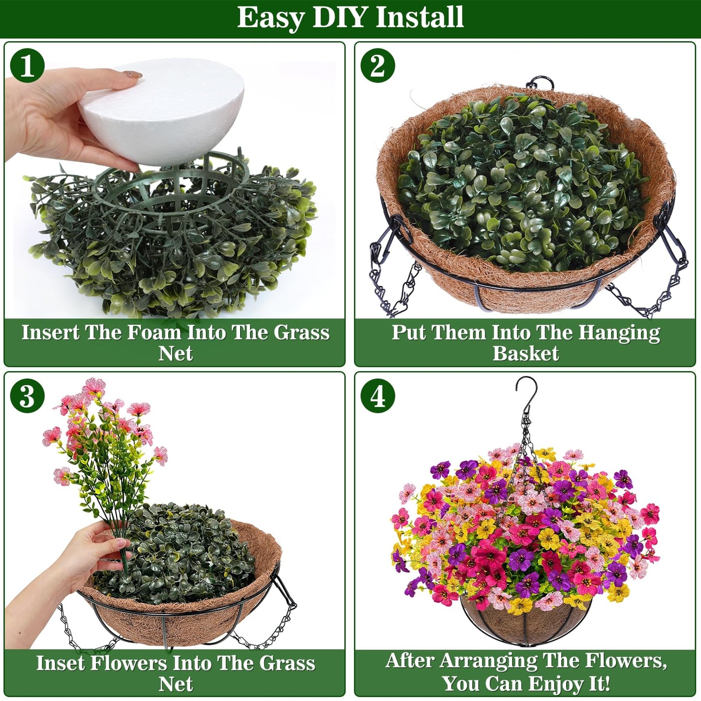 Grandeal 2 Sets Artificial Hanging Plants Flowers Basket Outdoor, Fake Hanging Plants 24 Pcs Flowers for Porch Patio Garden Home Decor for Spring Summer (Red, Purple, Yellow, Rose Red)