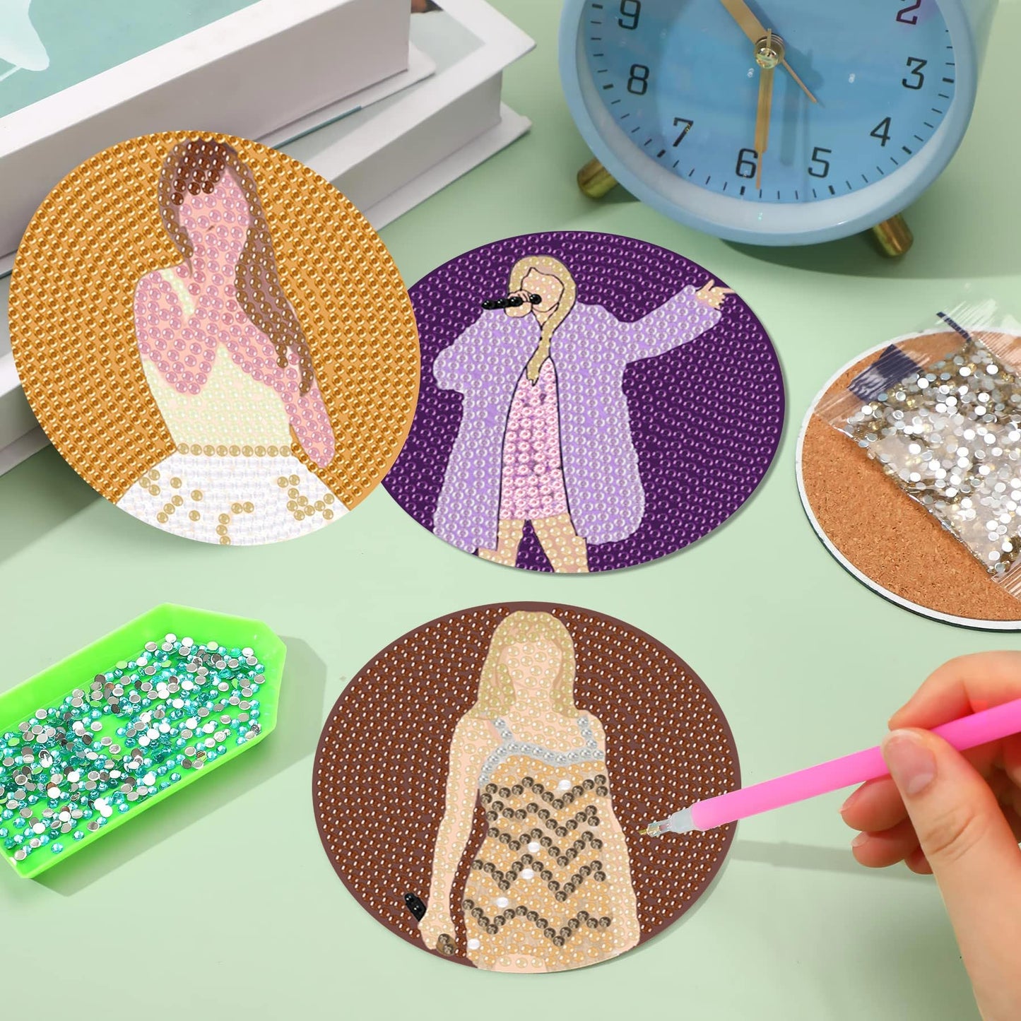 Clendo Pop Star Diamond Painting Coasters Kits for Adults, 8PCS Pop Diamond Art Coaster Kits with Holder, Small Diamond Painting Kits for Adults & Kids Art Craft Supplies, Bdwy041