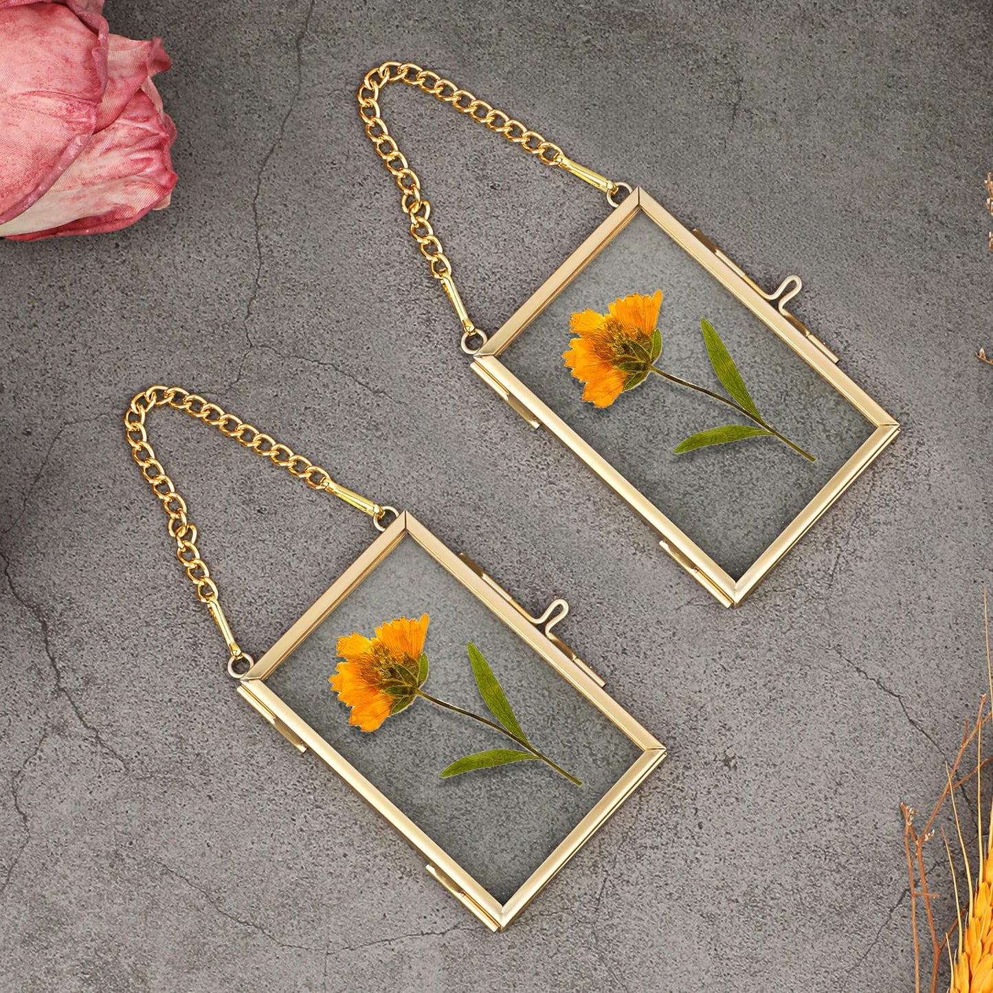 JUXYES 4 Pack Mini Brass Floating Frames Ornaments With Hanging Chain - Double Glass Tiny Picture Display Frame - Gold Wallet Size Floater Style Gallery Wall Frame for Pressed Flowers, Vertical