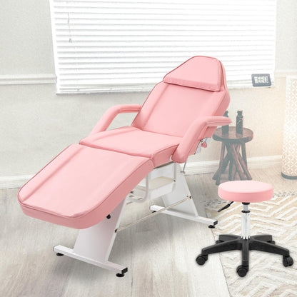Massage Salon Tattoo Chair with Two Trays Esthetician Bed with Hydraulic Stool,Multi Purpose 3 Section Facial Bed Table, Adjustable Beauty Barber Spa Beauty Equipment, Pink