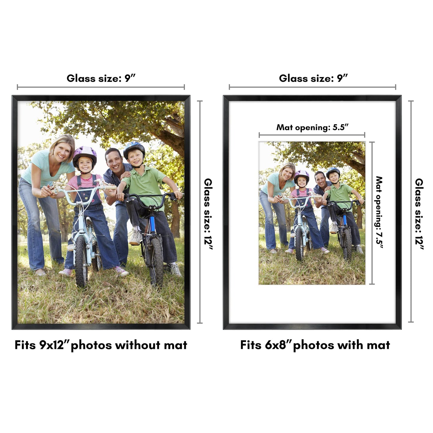 Americanflat 9x12 Metal Picture Frame with Tempered Glass - Use as 6x8 Frame with Mat or Display 9x12 Photo Without Mat - Brooklyn Collection - Picture Frames for Tabletop or Wall - Black