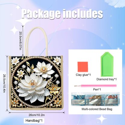 antor DIY Diamond Painting Tote Bag Kit for Adults, Lotus Flower Elegant Diamond Art Handbag Craft Storage Bag, Crystal Art Diamond Painting Bag for Casual Shopping, Travel, Daily Use, Gift