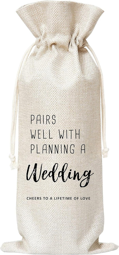 Pairs Well With Planning A Wedding Wine Bag, Gift for Wedding Ceremony, Engagement, Burlap Bag – 1 Pc