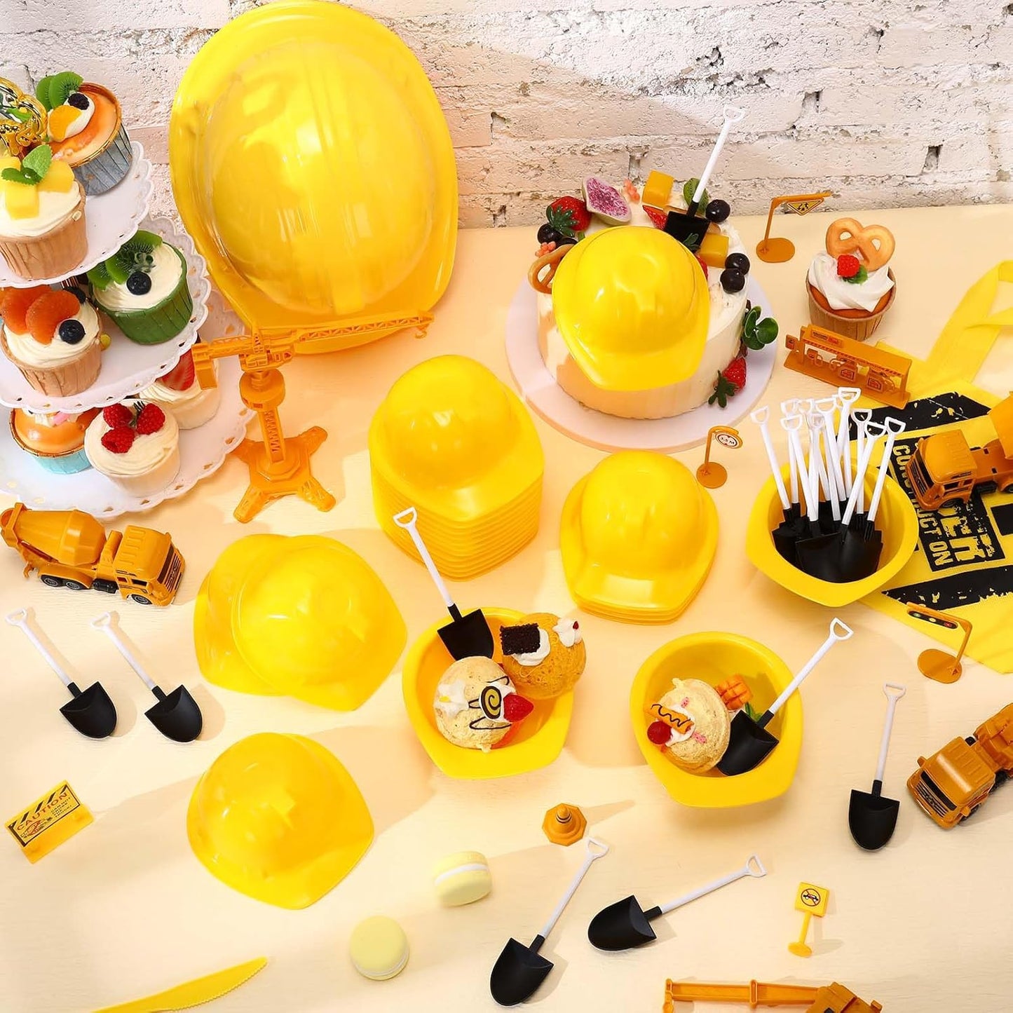 24 Sets 8 oz Uiifan Construction Ice Cream Bowls with Shovel Spoons, Plastic Helmet Dessert Cups Snack Bowls