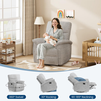 GarveeHome Recliner Chair, 360° Swivel Rocker Glider Nursery Chair with Padded Armrest and Deep Seat, PU Leather Upholstered Reclining Sofa Chair for Living Room, Bedroom and Nursery (Light Gray)