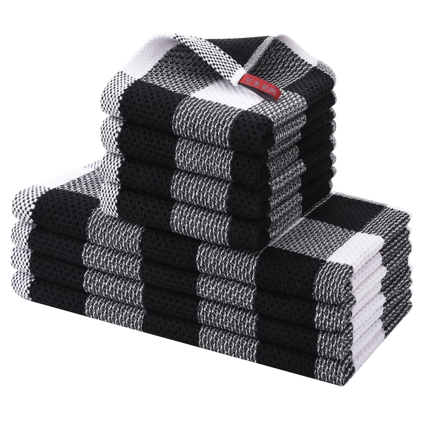 Homaxy Kitchen Towels and Dishcloths Set, 12 x 12 and 13 x 28 Inches, Set of 8 100% Cotton Waffle Weave Check Plaid Kitchen Dish Towels, Super Soft and Absorbent Dish Cloths, White & Black