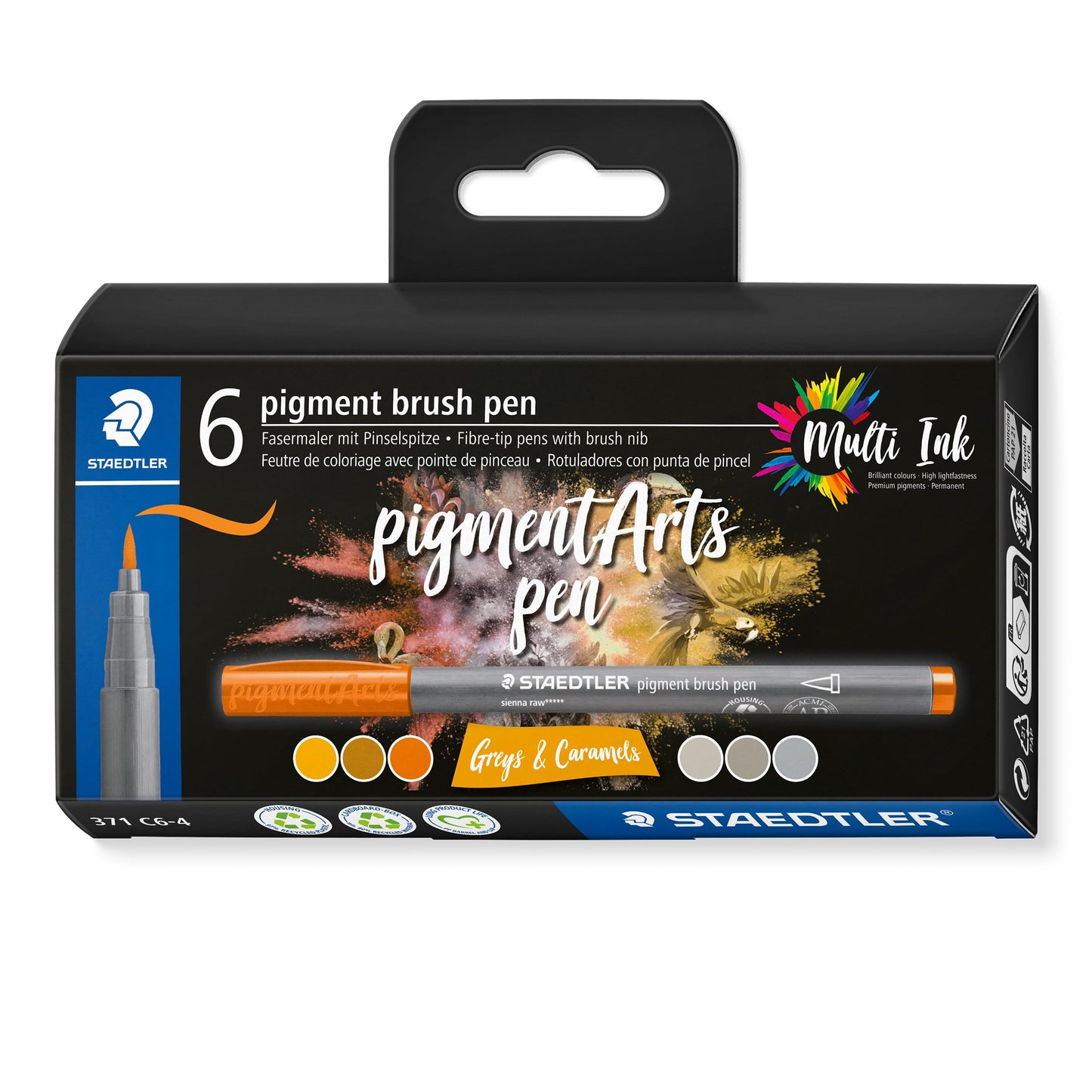 STAEDTLER Pigment Arts Brush Pen, Brush Greys & Caramels, Pack of 6 Pens, 371 C6-4