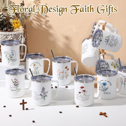 Nitial 12 Pcs 17 oz Christian Coffee Mugs with Lid and Straw Religious Bible Verse Christian Gifts Insulated Inspirational Bible Affirmations Tumbler for Women Friend Men (White,Flower)