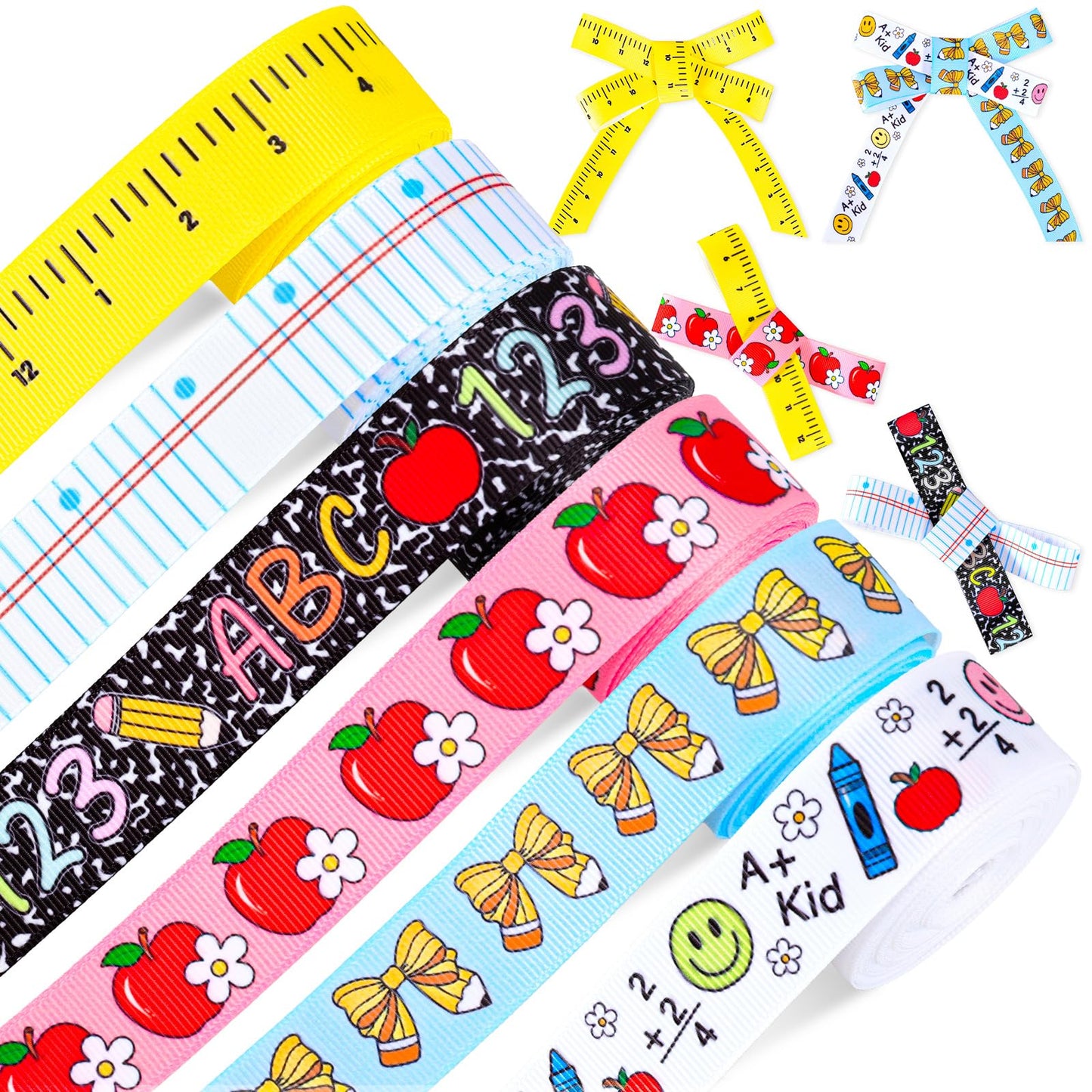 Whaline 6 Rolls Back to School Grosgrain Ribbons 7/8" 30 Yards Fabric Craft Ribbon Composition Notebook Ruler Pencil Bow Apples Ribbon for Wreath Bow Gift Wrap Party Decor