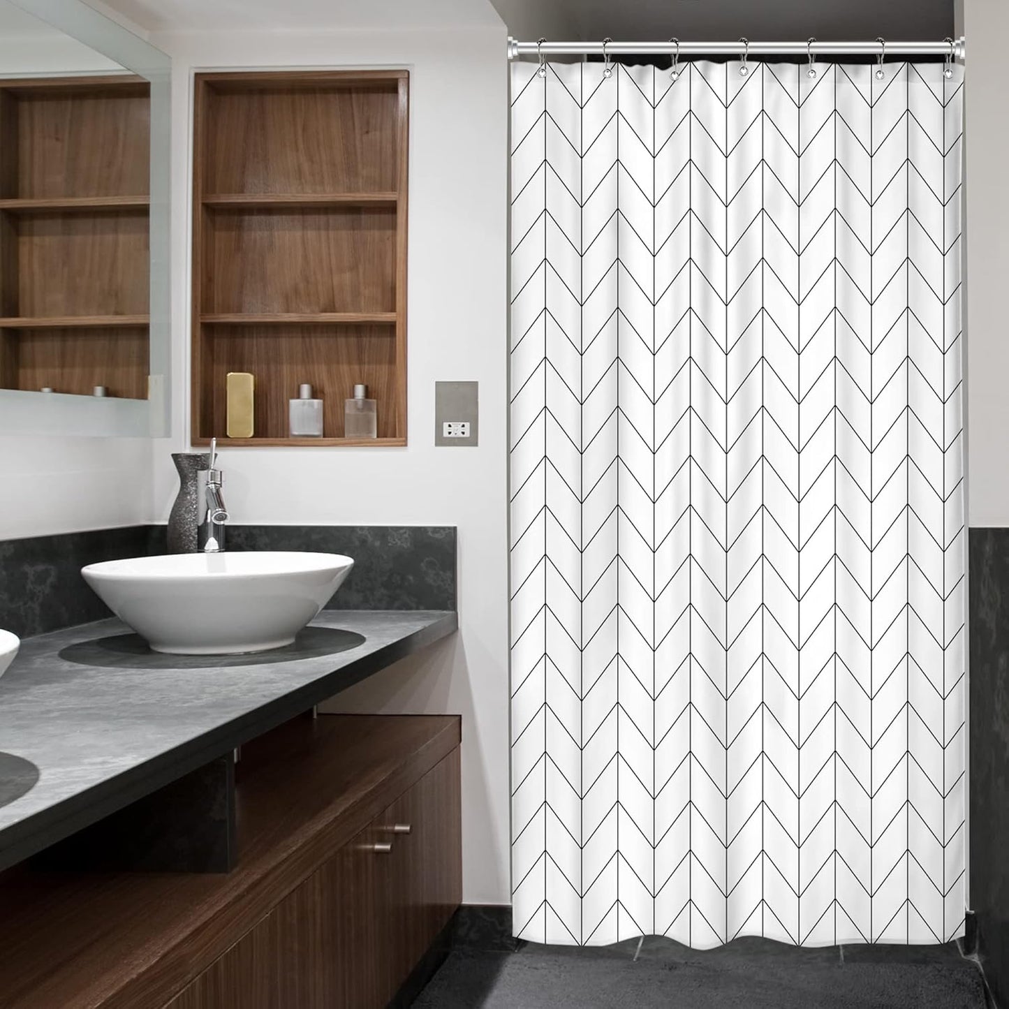 Riyidecor Small Stall White Black Half Single RV Camper Shower Curtain 39x72 Inch, Chevron Herringbone Geometric Decor