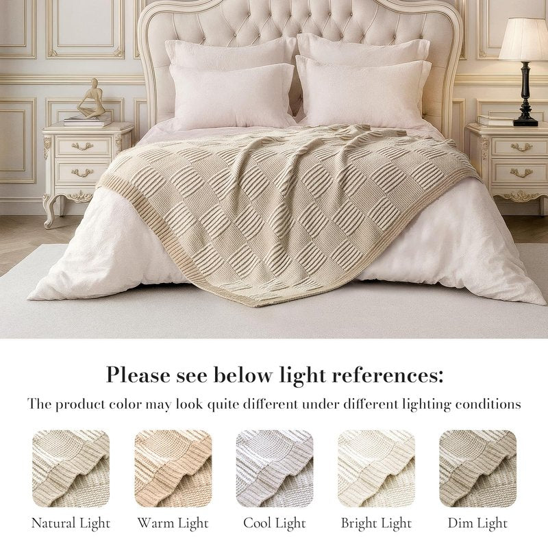 Amélie Home Knit Throw Blanket, Soft Chenille Cozy Breathable Dual Tone Checkered Chunky Decorative Blanket for Couch, Bed & Sofa, French-Inspired Lightweight Warm Gift for Women, Beige, 50"x60"