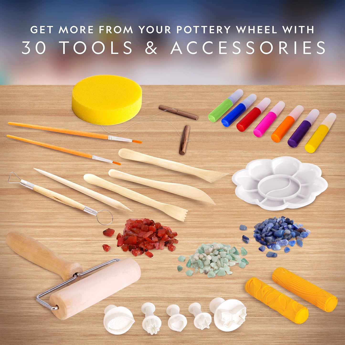 Blue Marble National Geographic Pottery Wheel Refill Kit – 2 lbs. Air Dry Clay, 30 Pottery Tools & Accessories, Gemstone Chips, Sculpting Clay Tools, 7 Paints & More, Great Craft Kit for Kids