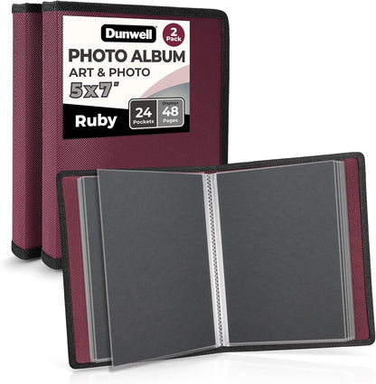 Dunwell Small Photo Album 5x7 (2-Pack, Ruby), 5 x 7 Photo & Art Portfolio Book, 24 Sleeves, 48 Pages for Professional