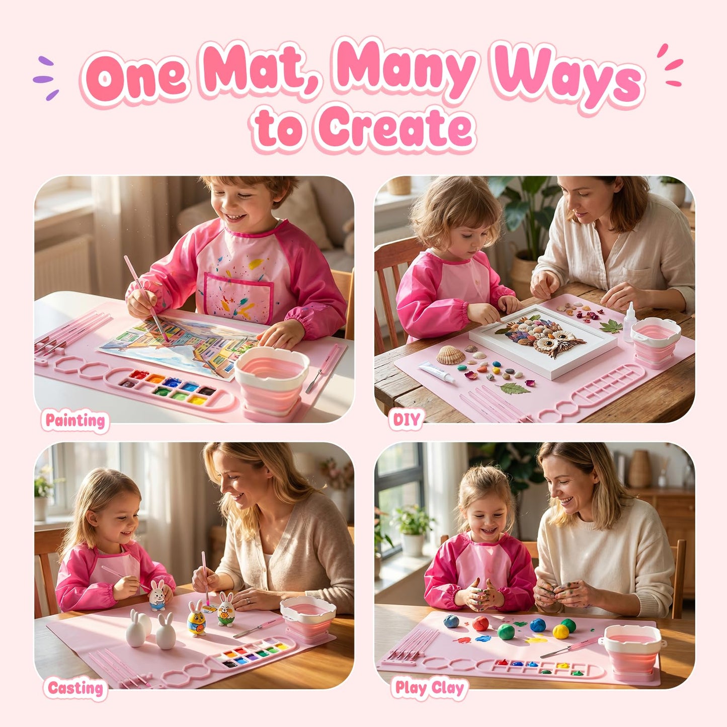 Zimuvora Silicone Painting Mat Set, Paint Mats for Kids with Foldable Silicone Cup, 4 Detail Paint Brushes, 2 Sponge Pads, Apron & Mixing Tool, Washable Art Table Mat (Pink)