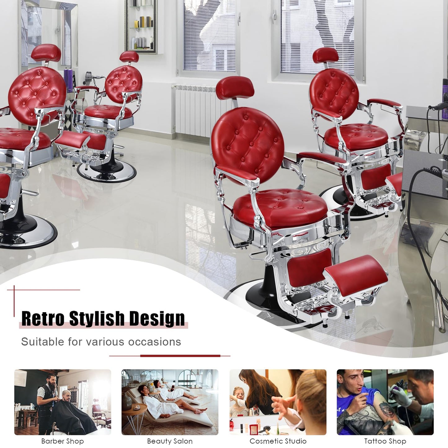 GLOBALWAY Vintage Barber Chair, Salon Chair, Hydraulic Recline Beauty Spa Styling Equipment W/Adjustable Height & Headrest, Rotated Foot Pedal, Hairdressing Tattoo Beauty Spa Equipment (Red)