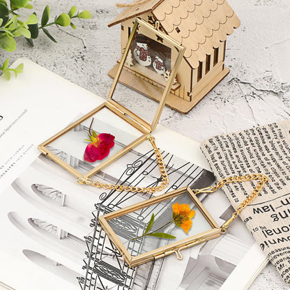 JUXYES 8 Pack Mini Brass Floating Frames Ornaments With Hanging Chain - Double Glass Tiny Picture Display Frame - Gold Wallet Size Floater Style Gallery Wall Frame for Pressed Flowers, 2x3 Inches