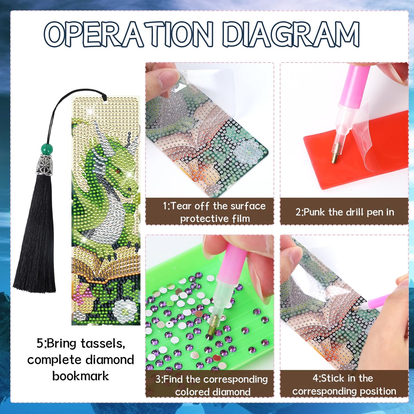 Sitsink Dragon Art Kits - 6 Pc Diamond Bookmarks with Tassels, Fantasy Creature Dragon Painting Kits for Adults