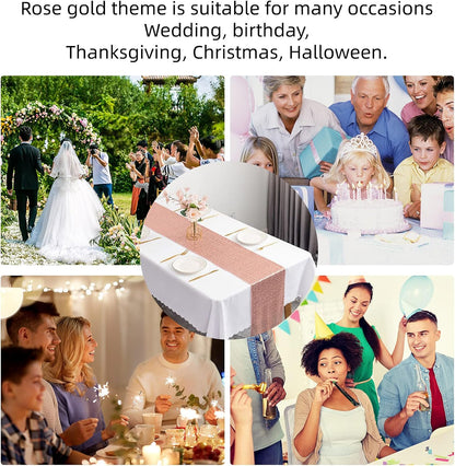 FGSAEOR Rose Gold Tablecloth, 12x108inch Sequins Table Runners and 54x108inch Plastic Table Cloths for Christmas