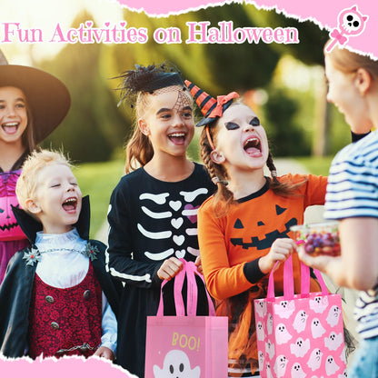 Wovnet 30 Pcs Halloween Party Favor Gift Bags Ghost Boo Pink Reusable Non Woven Goodie Treat Bags with Handle Horror Theme for Halloween Party Supplies 10 x 8 x 4in