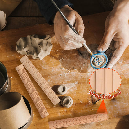 Lzttyee Set of 5 Wooden Handle Pottery Tools Clay Modeling Pattern Rollers Kit Brown (Set of 5)