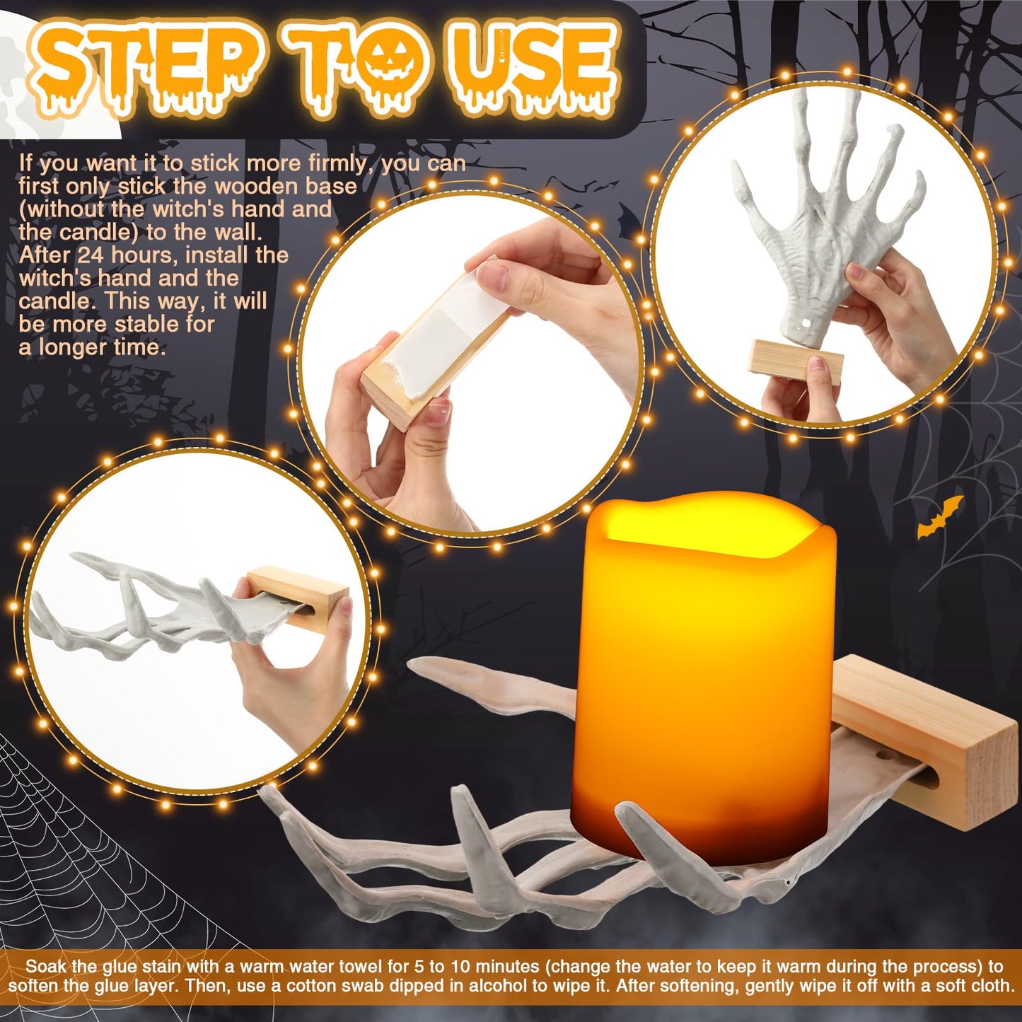 Tuanse 6 Pcs Halloween Skeleton Wall Decorations 3 Witch's Hand Wall Mounted Creepy Hands 3 Lighted Candles 3D Black Spooky Bats Double-Sided Tape for Gothic Halloween Indoor Home Decoration