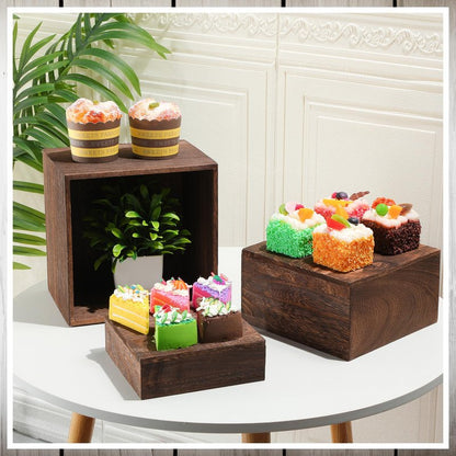 Barydat 6 Pcs Wood Display Risers Rustic Cupcake Stand Food Risers for Buffet Table Wooden Stackable Display Stand Box for Catering Dessert Collectibles Jewelry Figures Show(Burnt Wood Color)