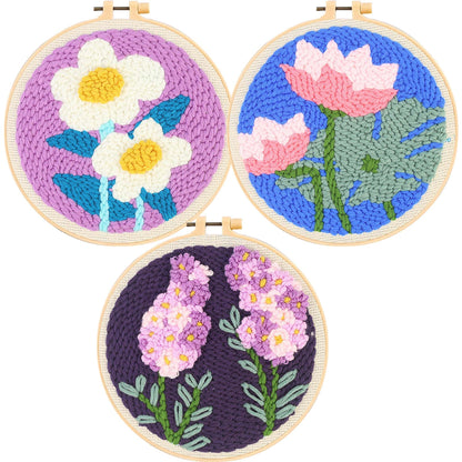 Allazone 3 Set Punch Needle Embroidery Starter Kits with Flower Pattern, Punch Needle Tool Threader Fabric, Yarn, Embroidery Hoop for Crafts, Home Decor