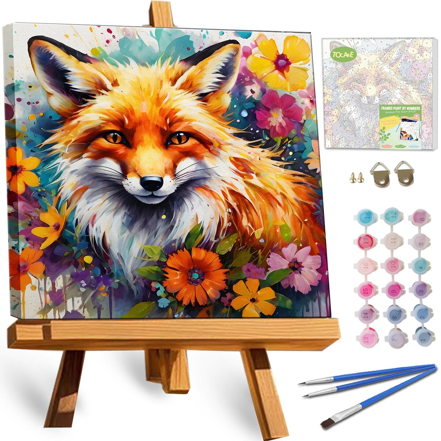 TOCARE Framed Paint by Numbers Kit for Adults & Kids Ages 8-12, 12x12Inch Red Fox Paint by Numbers with Frame, Fox Paint by Number Framed Canvas for Wildlife Animal Lovers (Without Easel)