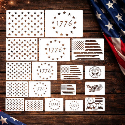 18 Pcs Large American Flag 50 Star Stencils for Painting, Reusable Patriotic 4th of July Stencil Kit with 1776 Designs for DIY Wood Signs, Wall, Canvas & Fabric Crafts