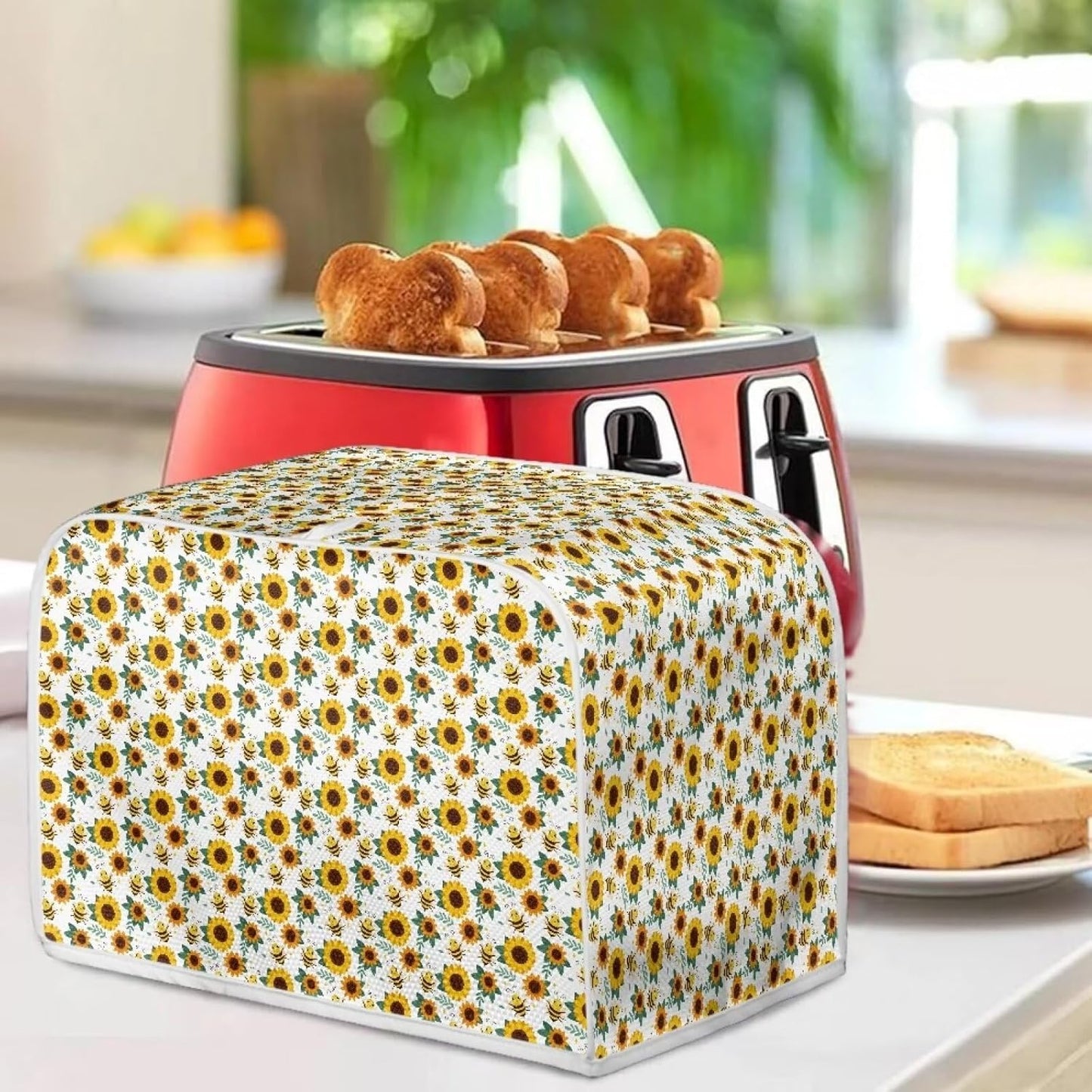 Sunflower Bee 2 Slice Toaster Cover, Machine Washable Polyester Kitchen Decor, Greasy Protector, Dust Cover