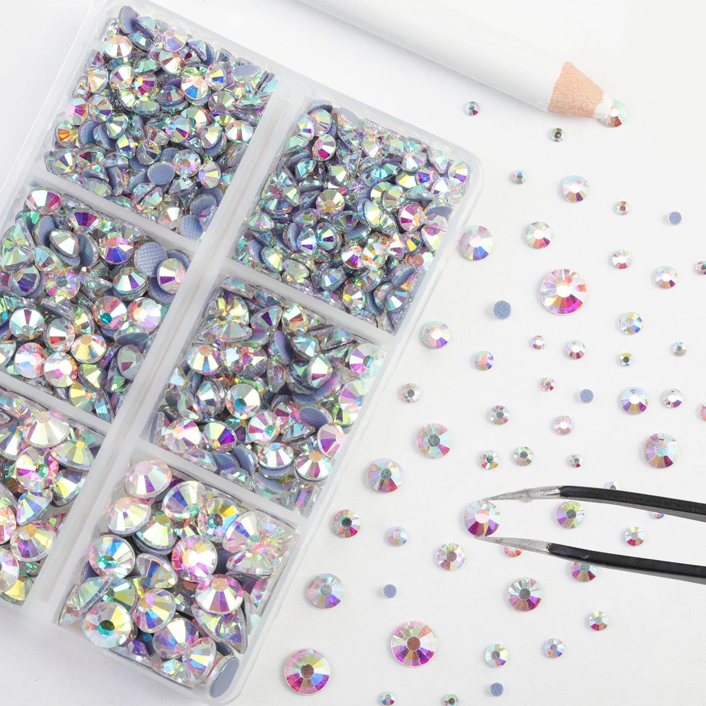 BEADSLAND Hotfix Rhinestones, 6080PCS AB Rhinestones for Clothes Crafts Mixed 6 Sizes with Wax Pencil and Tweezers Kit, SS6-SS30, Crystal AB