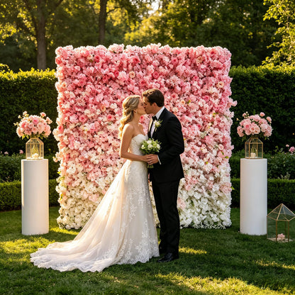 5D Realistic Rose Flower Wall Backdrop, 8×8FT Reusable Flower Wall Panel, Easy to Install & Store, Ideal for Wedding, Birthday Party & Home Decoration, Pink-to-White Gradient, Without Stand