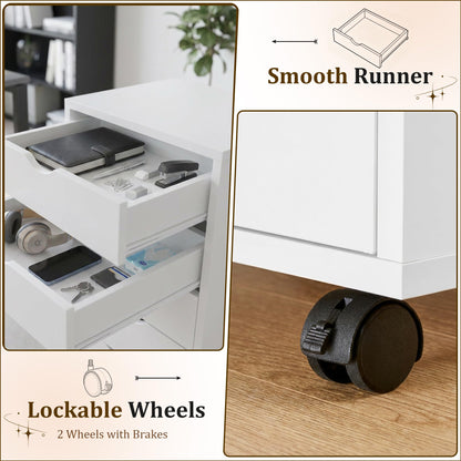 5 Drawer Mobile File Cabinet Under Desk Storage Organization with Wheels Vertical Filing Chest Rolling Wood Small Desk Printer Stand for Home Office, White