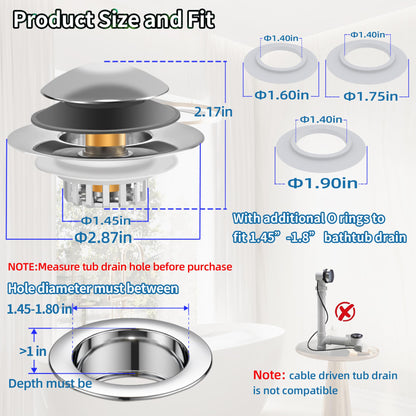 Universal 3 in 1 Bathtub Drain Stopper, Pop up Tub Stopper Bathtub Drain with Filter Basket, Anti-Clogging Bath Tub Drain Stoppers Fit 1.45-1.8” Hole,Bathtub Drain Hair Catcher