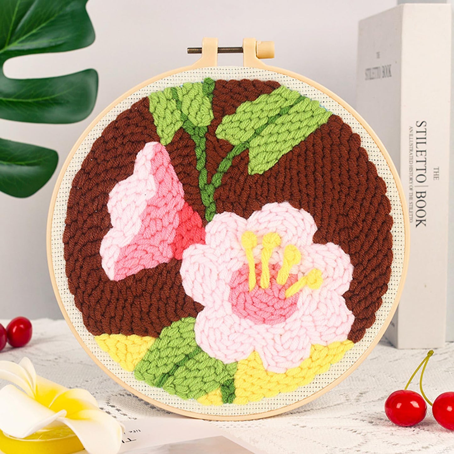 Woohome Punch Needle Kit Included Plastic Hoops, Punch Needle Cloth, Color Yarn and Punch Needle Tools for Adults, Beginners (Red, Pink and Yellow Flowers)