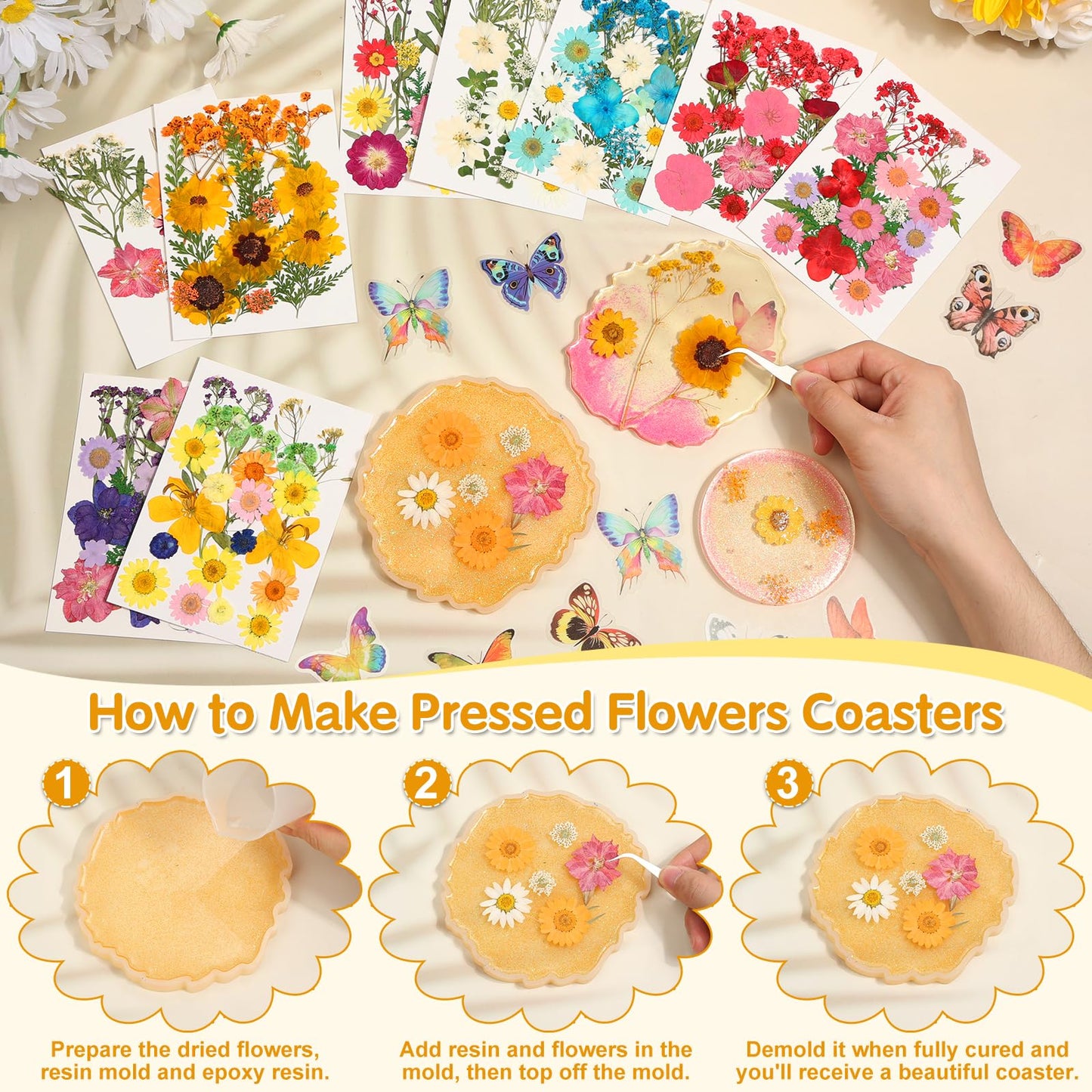 235 Pcs Pressed Dried Flowers for Resin, Natural Real Dried Pressed Flowers for Crafts, Bulk Dry Flowers for Resin Molds, Candles, DIY Art Jewelry Making with Tweezers Butterfly Stickers Set Decorate