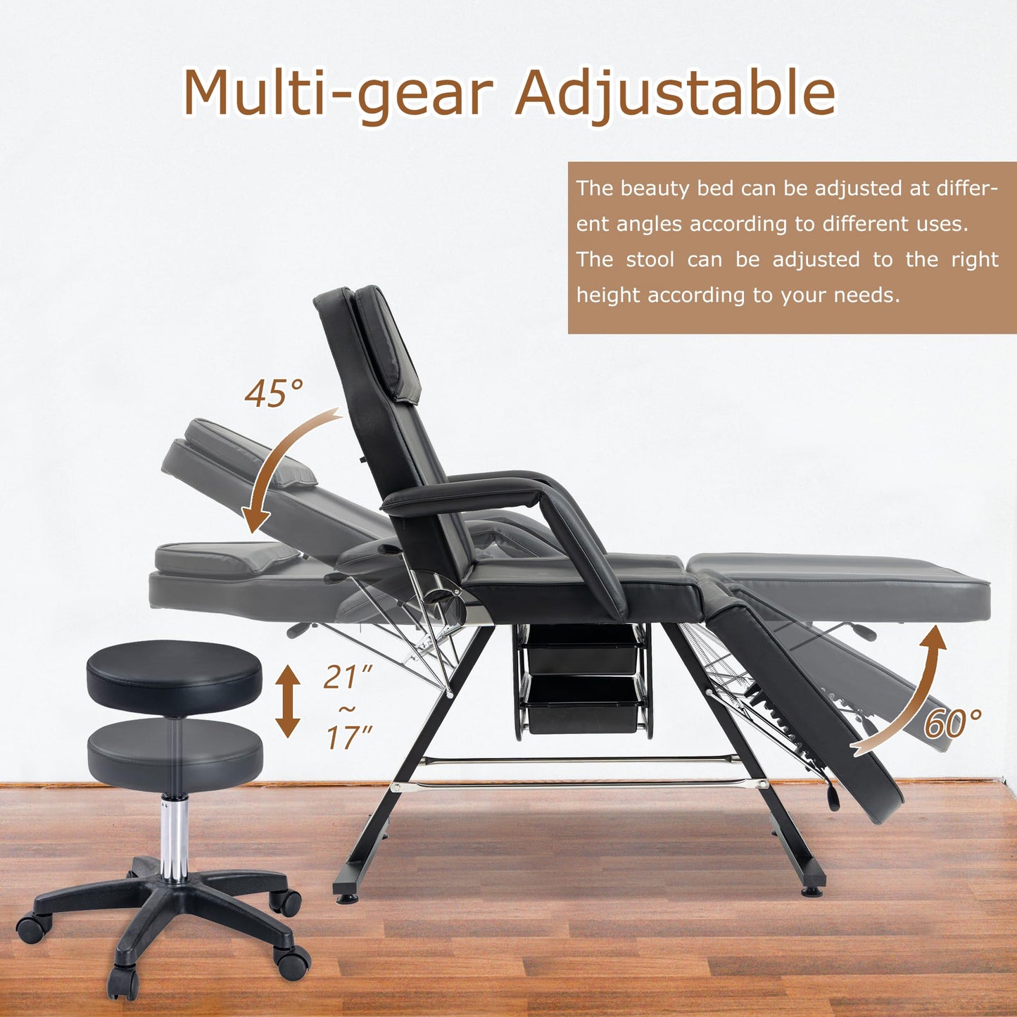 WZONICE98 3-Section Adjustable Facial Bed and Tattoo Chair, Hydraulic Stool with 2 Trays, 330lbs Capacity Massage Salon Spa Chair, Multi-Purpose Esthetician Lash Bed for Waxing Beauty Barber Black