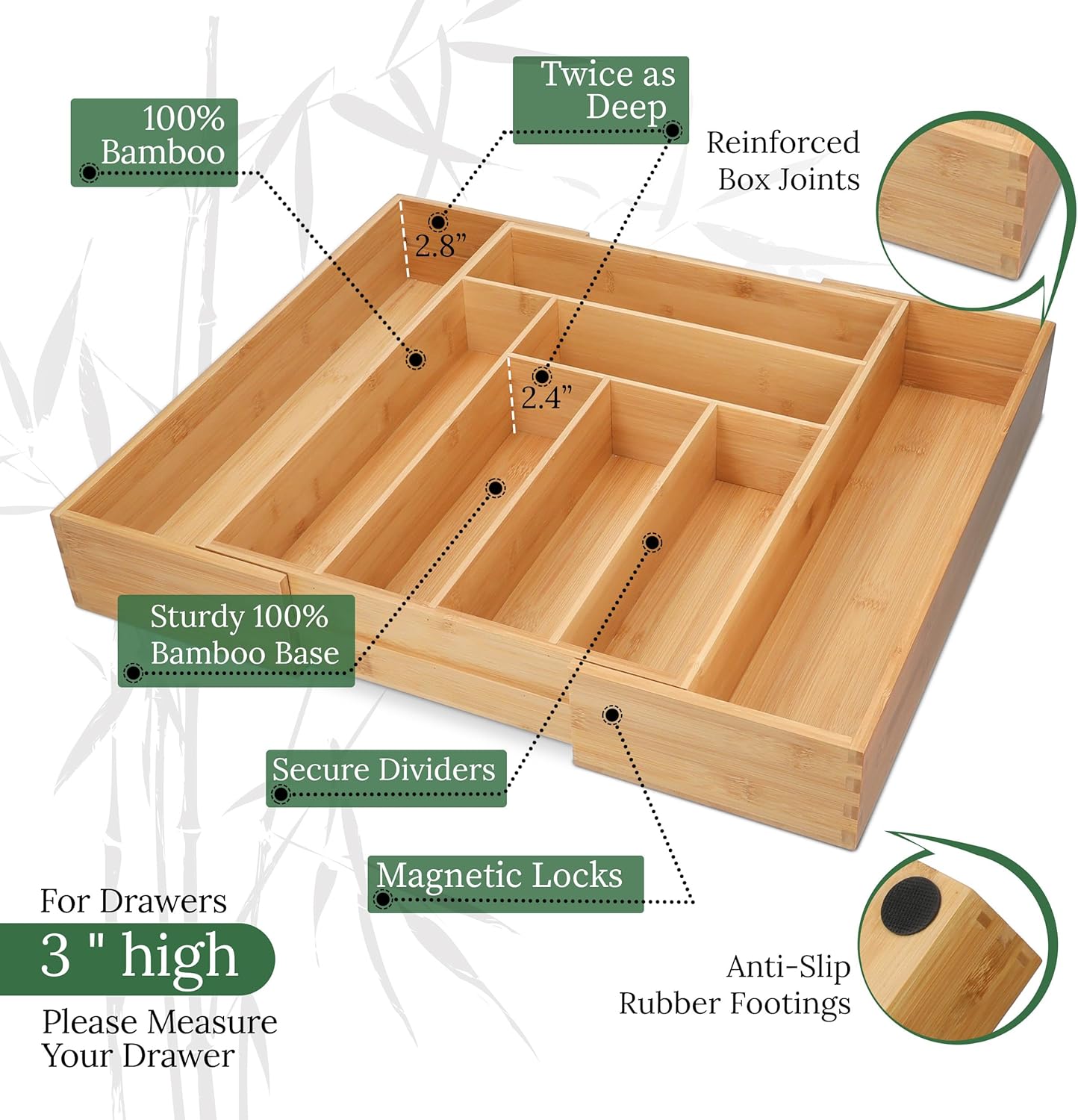 Utensil Drawer Organizer - 3" Deep 100% Bamboo Expandable Adjustable Kitchen Silverware Storage Tray with Magnetic Lock