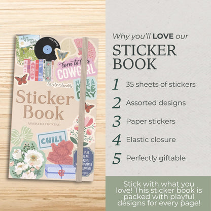 Steel Mill & Co Assorted Sticker Book, 35 Sheets with Hundreds of Paper Stickers, Aesthetic Icons, Bookish Quotes & Illustrations, Planner & Journal Stickers with Elastic Closure (Volume 1)
