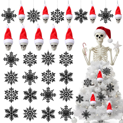 Hestya 36 Pcs Gothic Christmas Tree Ornament Mini 3D Christmas Skull with Santa Hat Hanging Ornaments Black Snowflakes Xmas Tree Hanging Decoration for Xmas Holiday Party Supplies, 1.77 x 5.1 Inch